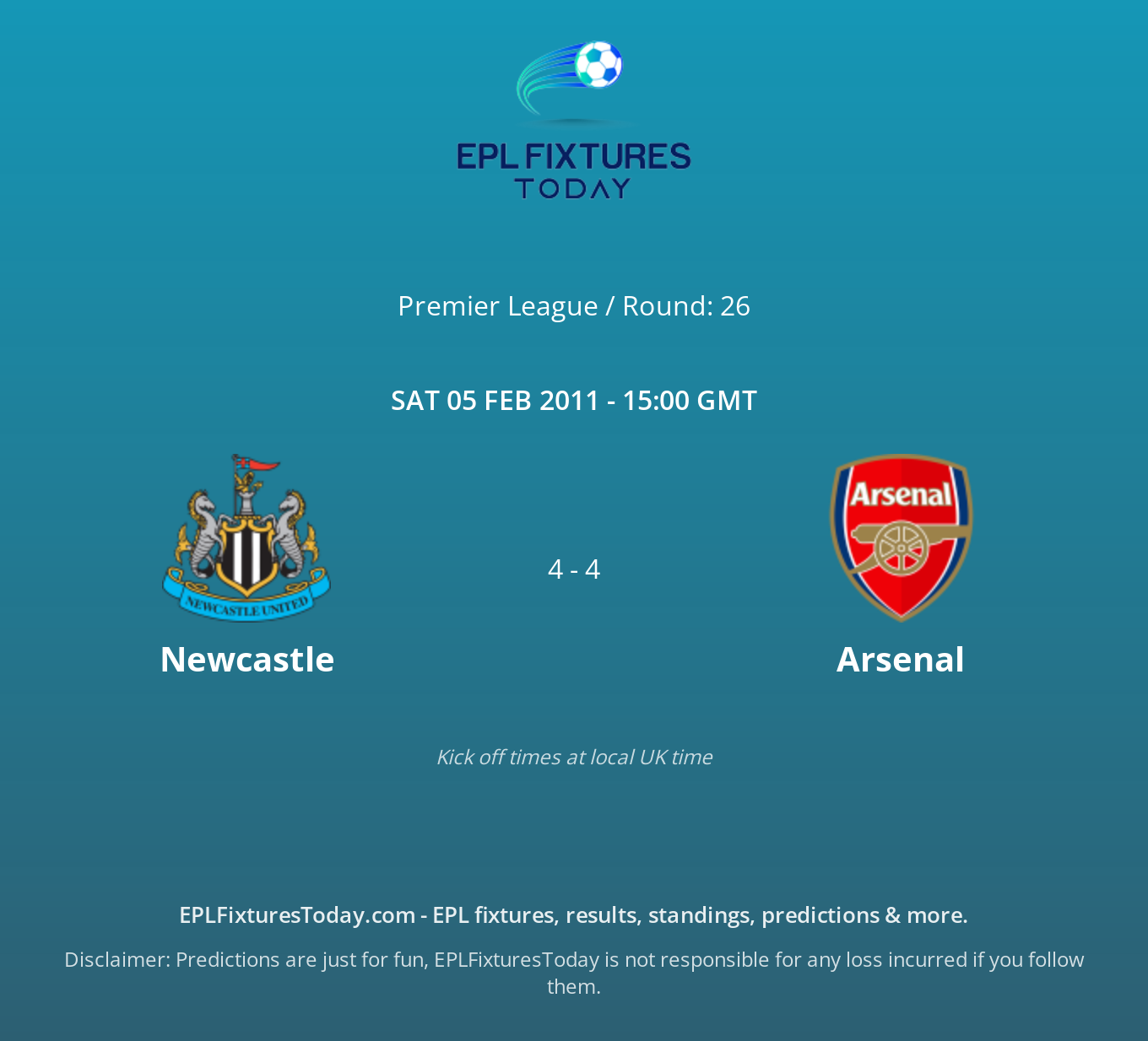 Sat 05 Feb 2011: Newcastle vs Arsenal - EPLFixturesToday.com