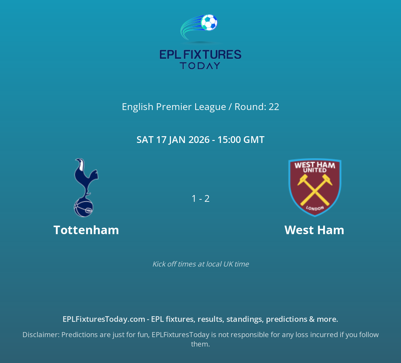 Sat 17 Jan 2026: Tottenham vs West Ham - EPLFixturesToday.com
